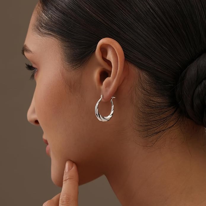 LeCalla 925 Sterling Silver Shrimp Classic Diamond-Cut Light-Weight Hoop Earrings for Women