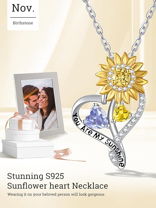 Zeuslia Double Birthstone Necklace Gifts for Wife - 925 Sterling Silver Sunflower/Rose/Crown Cross/Compass/Heart Pendant I Love You Necklace, Anniversary Birthday Gifts for Wife Girlfriend Mom Her