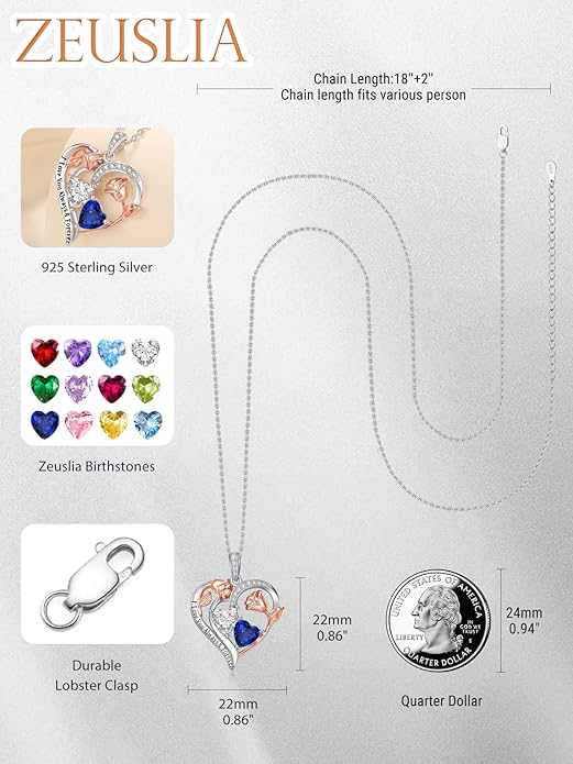 Zeuslia Double Birthstone Necklace Gifts for Wife - 925 Sterling Silver Sunflower/Rose/Crown Cross/Compass/Heart Pendant I Love You Necklace, Anniversary Birthday Gifts for Wife Girlfriend Mom Her