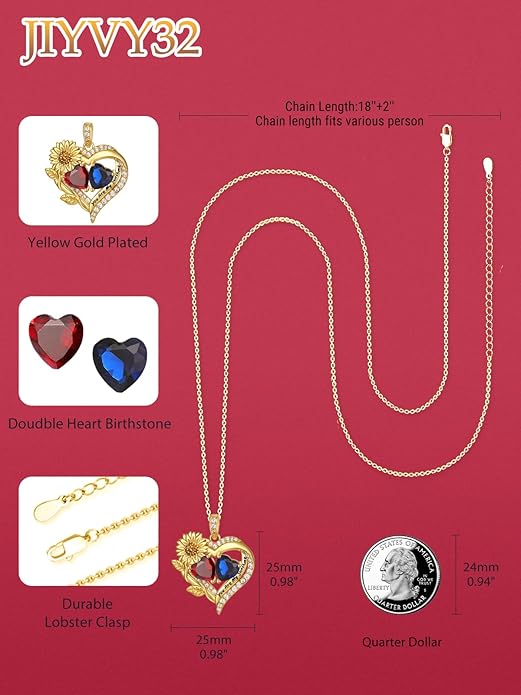 Sunflower Heart Necklace for Women 14K Gold Exquisite Anniversary Birthday Gifts for Wife Mother Her Double Birthstone Pendant jewelry‘You Are My Sunshine’