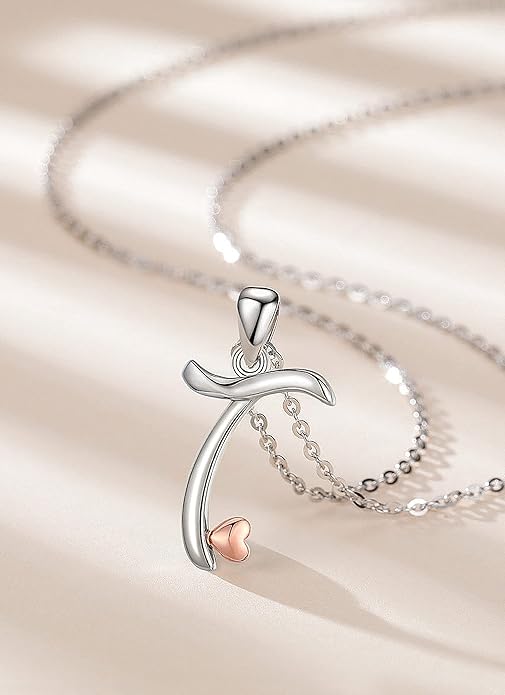 CELESTIA 925 Sterling Silver Initial Necklaces 26 Letter with Rose Gold Heart - 18 Inch Chain