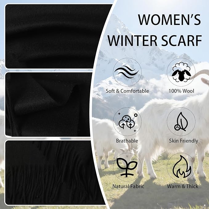 WASALUYA Wool Scarf for Women & Men, 100% Wool Scarves Wrap Shawl with Tassels, Elegant Soft Winter Scarf for Fall and Winter
