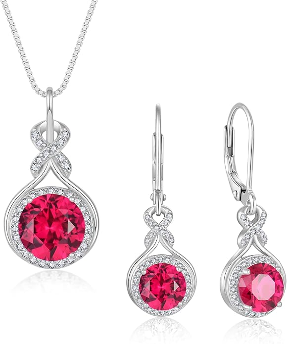 Ruby Infinity Jewlery Set for Women, 925 Sterling Silver Necklaces and Earrings Halo July Birthstone Jewelry Gift for Birthday Anniversary