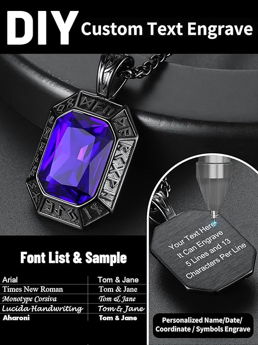 ChainsHouse Viking Rune Pendant Necklace for Men Women, Punk Biker Black Metal/316L Stainless Steel Onyx Norse Vintage Amulet Necklaces with Black/Red/Green/Blue Gemstone, Send Gift Box