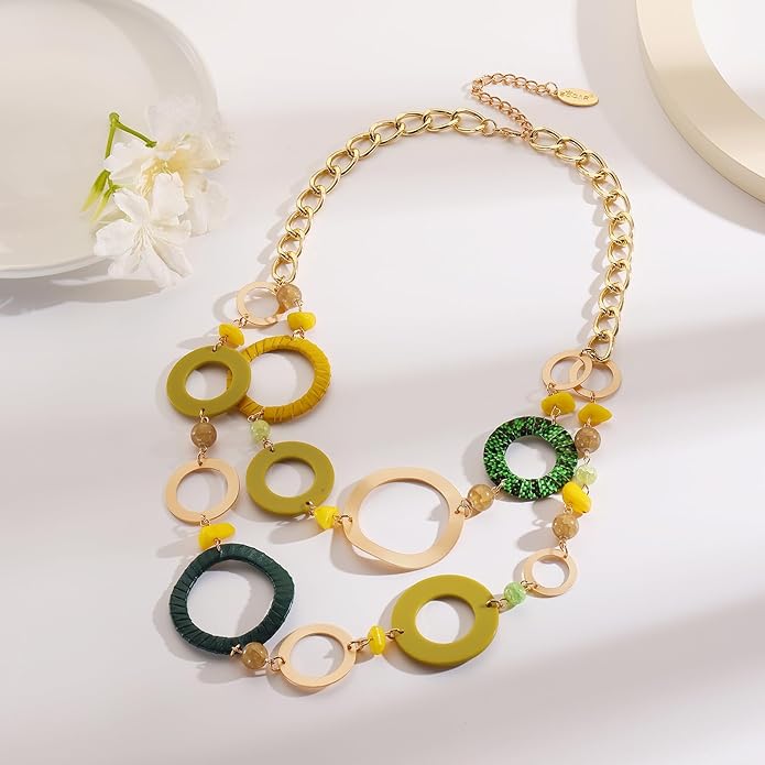Bocar Layered Collar Necklace Statement Circle 2 Strand Chain Jewelry Necklaces Trendy for Women Gift
