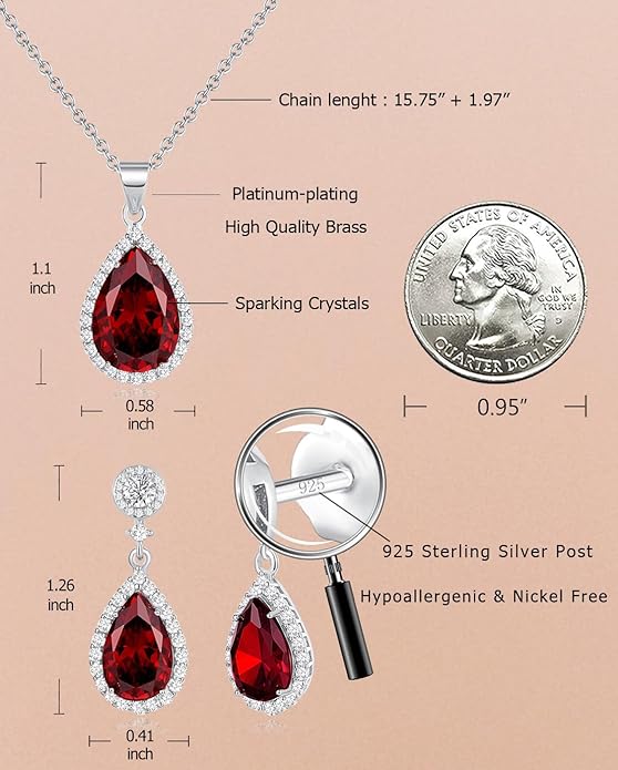 REASAYLL Jewelry Sets For Women 925 Sterling Silver Post Teardrop Dangle Stud Earrings Necklace Set Crystal Rhinestone Wedding Prom Costume Jewelry for Women