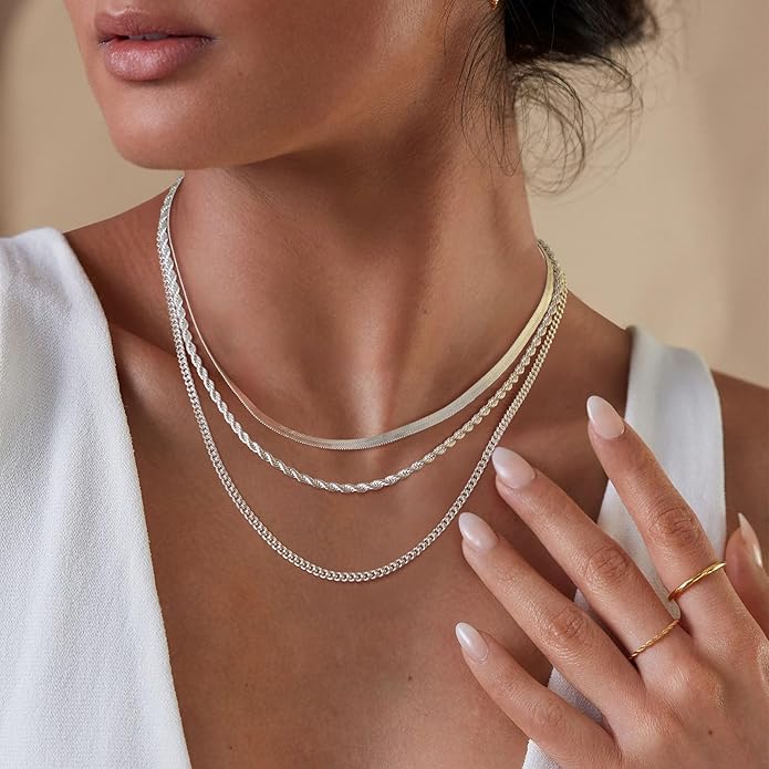 Layered Gold Necklace for Women Dainty 14K Gold/Silver Plated Stacked Necklace for Women Trendy Cuban Paperclip Herringbone Chain Diamond Pendant Necklaces Jewelry Set Accessories Gift