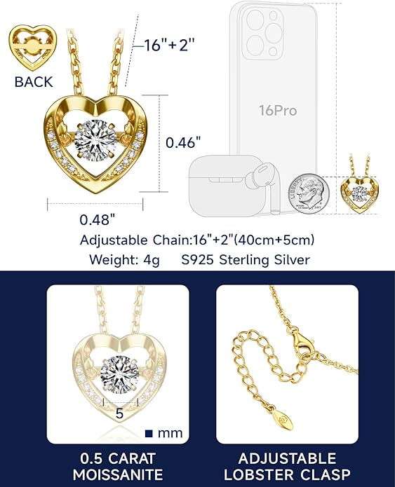 MomentWish Dancing Heart Necklace for Women, 0.5/1 Carat Dancing Moissanite Necklace for Her 925 Sterling Silver Pendant Anniversary Birthday Christmas Gift for Wife Mom Girlfriend