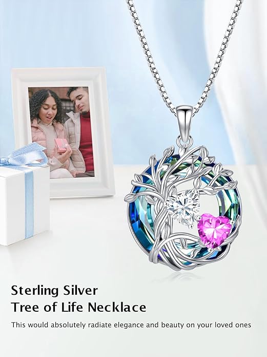 TOUPOP s925 Sterling Silver Family Celtic Tree of Life Pendant Necklaces with 2 Heart Birthstone with Blue Austrian Crystal Jewelry Birthday Anniversary Christmas Gifts for Her Wife Girlfriend Mom (18K Real White Gold Filled)