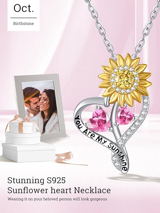 Zeuslia Double Birthstone Necklace Gifts for Wife - 925 Sterling Silver Sunflower/Rose/Crown Cross/Compass/Heart Pendant I Love You Necklace, Anniversary Birthday Gifts for Wife Girlfriend Mom Her