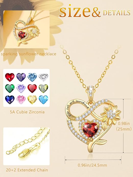 14K Gold Sunflower Heart Necklace for Women, You Are My Sunshine Jewelry with Birthstone Pendant, Anniversary Birthday Gifts for Her Wife Mom Grandma Daughter