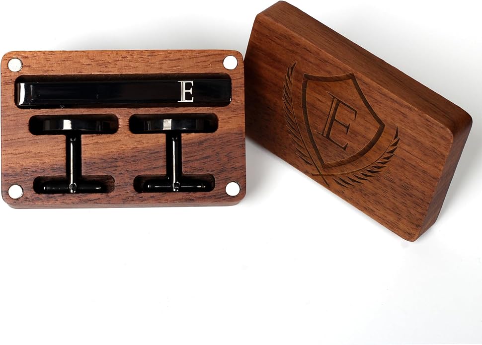 Mens Initial Cufflinks and Tie Clip A-Z Alphabet Letter Black Stainless Cuff Links Tie Bar with Engraved Walnut Wood Box Groom Groomsman Wedding Set