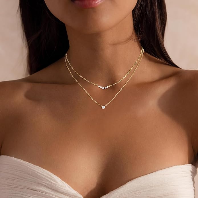 Layered Necklaces for Women,Dainty 14k Gold Plated Choker Necklace Stack Trendy Simple Diamond Pendant Necklace Set for Women Non Tarnish Cute Layering Cubic Zirconia Necklace Fashion Waterproof Jewelry for Women