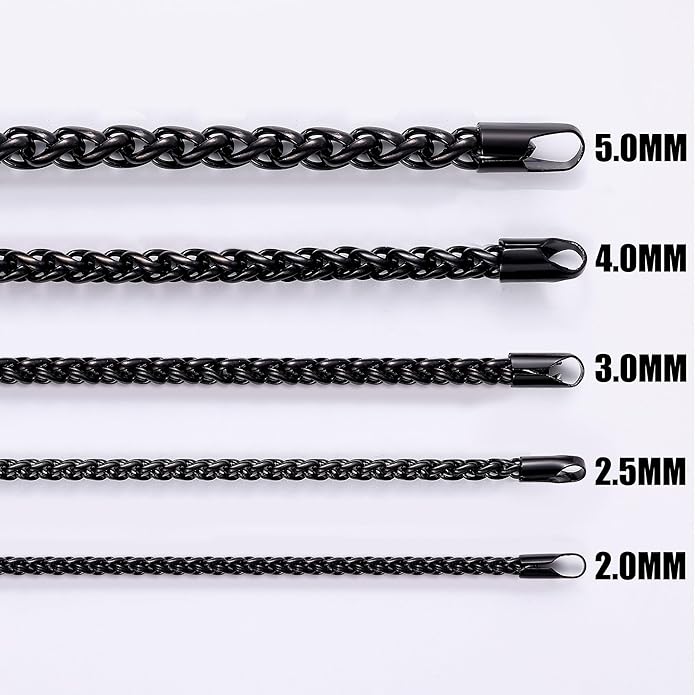 Fiusem Black Wheat Chains for Men and Women, 2/2.5/3/4/5mm Stainless Steel Necklace Chain, Mens Necklace Jewelry Gift 16-28 Inch