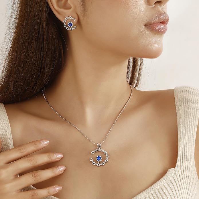 Ydou Elegant C-Shaped Crystal Necklaces/Stud Earrings Set with Birthstone Jewelry Set Silver Plated Fashion Jewelry for Women CS0003