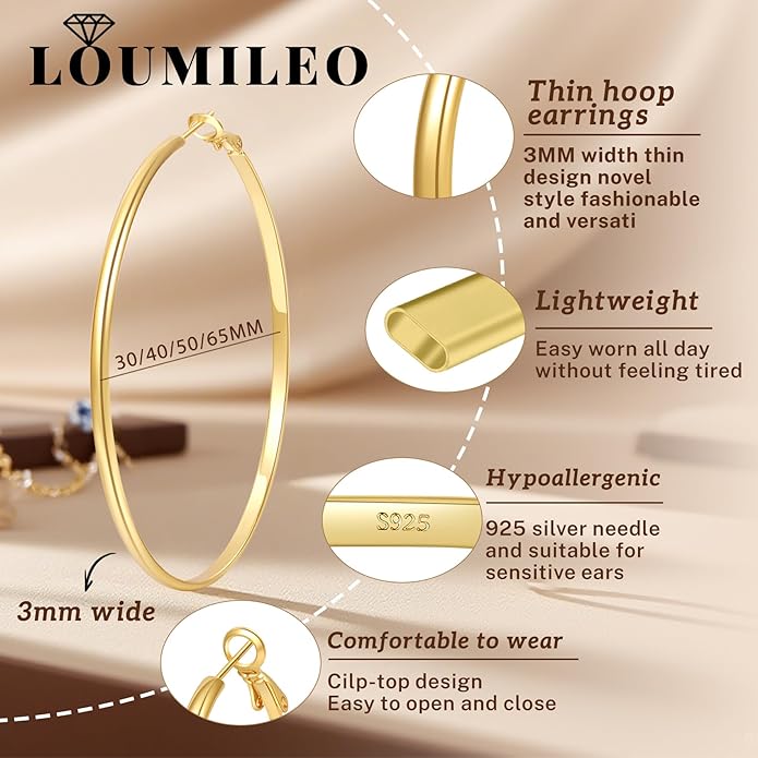 LOUMILEO 2mm Thin 925 Sterling Silver & 14k Gold Plated Hoop Earrings Large Silver Hoop Earrings Hypoallergenic Lightweight Hoops Earrings for Women 30/40/50/65MM