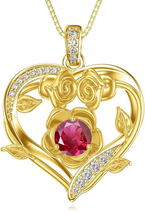 Midari 18K Gold Heart Birthstone Necklace for Women Rose Pendant Birthday Jewelry Gifts for Wife Her Daughter Mom