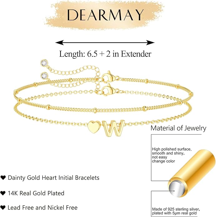 DEARMAY Dainty Initial Heart 14K Gold Plated Bracelets for Women Trendy, Letter Charm Bracelet Jewelry Cute Simple Fashion Chain Gift