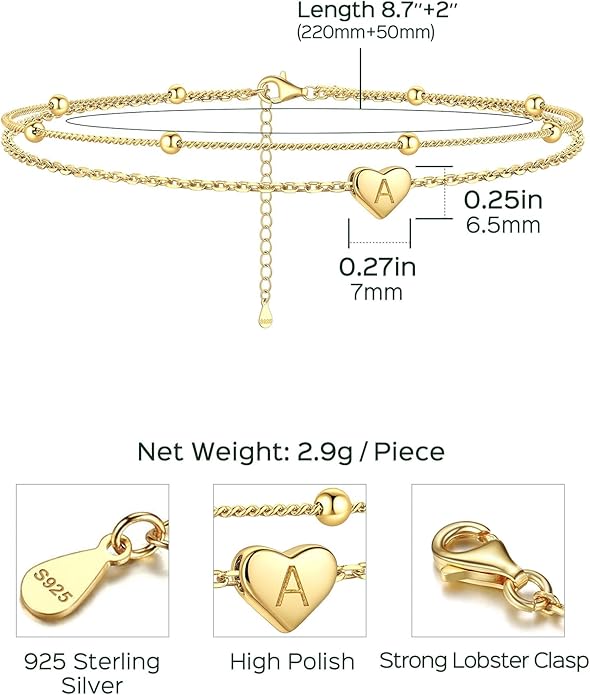 ChicSilver Sterling Silver Anklets for Women 925 Ankle Bracelets for Women Layered Heart Anklet With Beaded Anklets for Women