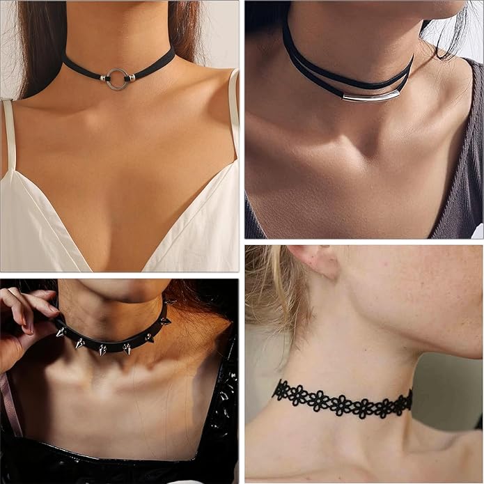 4 Pcs Choker Necklace For Women Black Adjustable Layered Velvet Leather Lace Collar Necklace Goth Jewelry Gifts