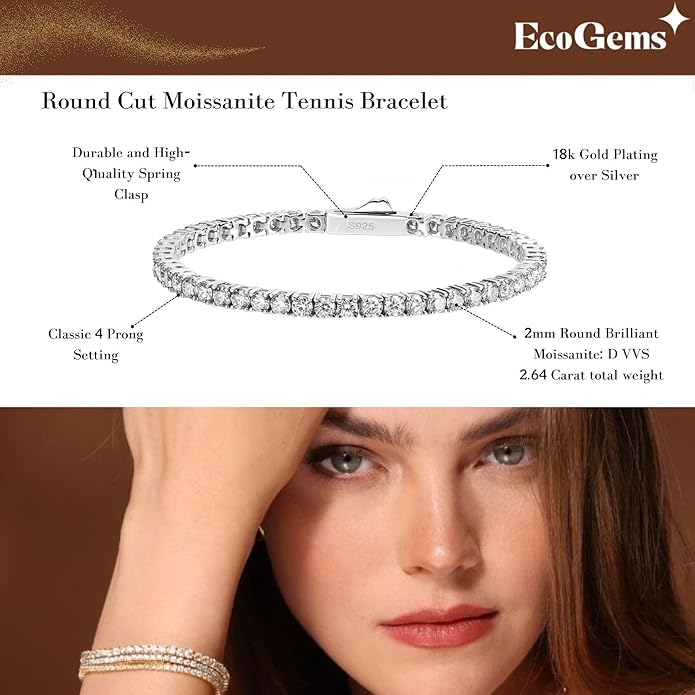 Moissanite Tennis Bracelet For Women and Men in 18K White Gold/Yellow Gold Over Sterling Silver, 2mm-4mm Width, Comes With Gift Box