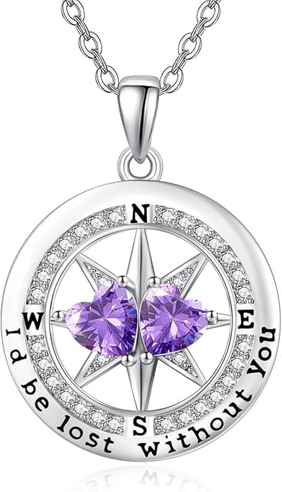 Compass Birthstones Necklace for Women, Exquisite Anniversary Birthday Gifts for Wife Her Double Birthstone Pendant jewelry ‘I'd be Lost Without You’