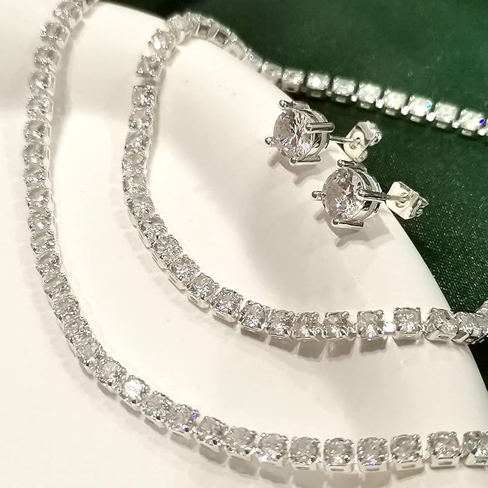 Tennis Necklace Bracelet for Women, Sterling Sliver, Dainty Chocker Necklace, Crystal Bracelet for Women, Wedding Jewelry for Bride, Sparkly Party Prom Hypoallergenic