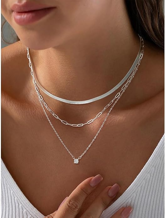 Layered Gold Necklace for Women Dainty 14K Gold/Silver Plated Stacked Necklace for Women Trendy Cuban Paperclip Herringbone Chain Diamond Pendant Necklaces Jewelry Set Accessories Gift