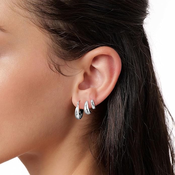 MIDEEO Gold/Sliver Chunky Hoop Earrings Set for Women, 14K Gold Plated Twisted Huggie Hoop Earring Hypoallergenic Thick Open Lightweight Chunky Hoop Earrings Jewelry for Gifts