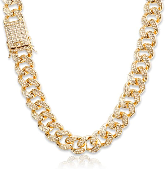 EMESLY Miami Cuban Link Chain 14K Gold Plated Necklace (16, 18, 20, 22, 24, 30 Inches Length); Hip Hop Bracelet (8" Length) for Men & Women; Perfect Iced Out Bling Jewelry Gift