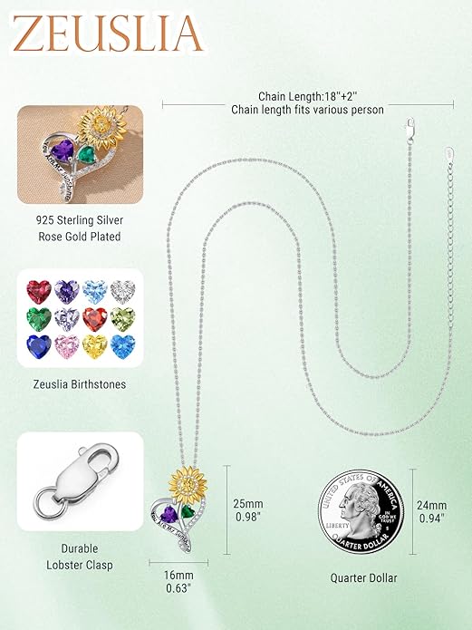 Zeuslia Double Birthstone Necklace Gifts for Wife - 925 Sterling Silver Sunflower/Rose/Crown Cross/Compass/Heart Pendant I Love You Necklace, Anniversary Birthday Gifts for Wife Girlfriend Mom Her