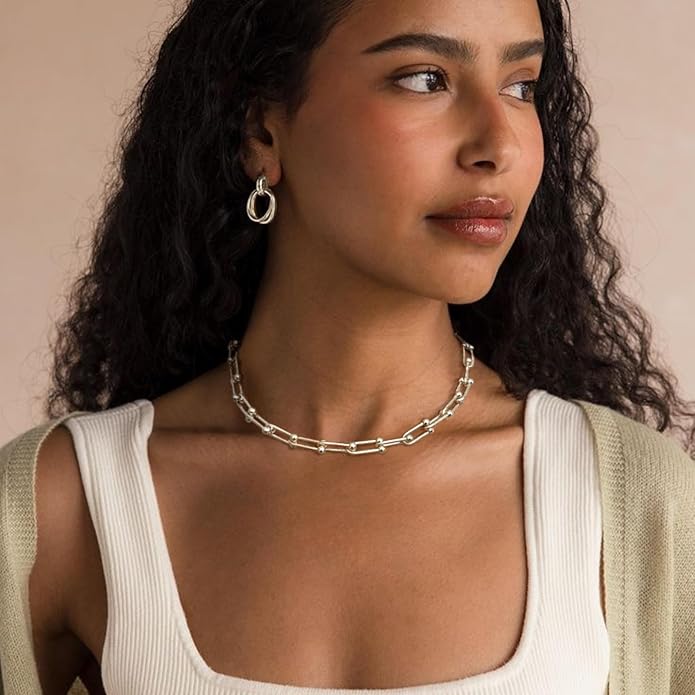 Choker Necklace for Women Men Trendy | Sterling Silver Plated Necklace 14K Gold Plated Chunky Necklaces Thick Cuban Link Chain Hypoallergenic Statement Paperclip Necklace Punk Fashion Jewelry