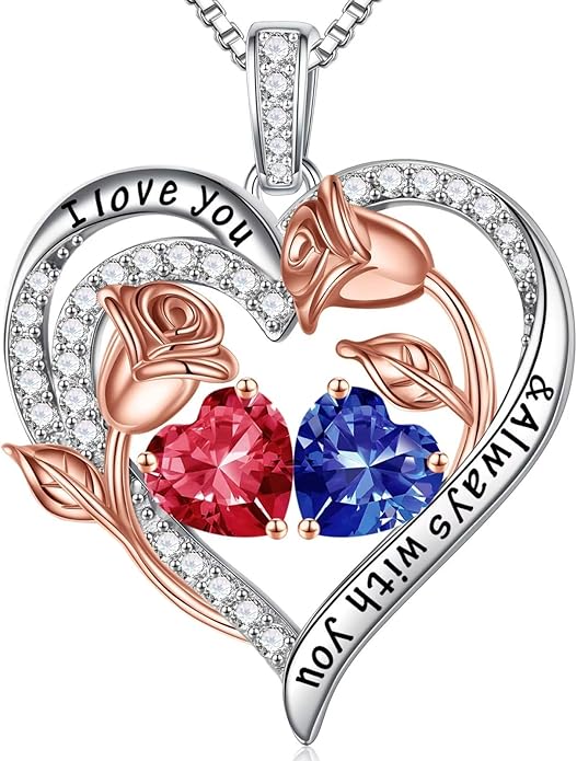 Iefil Birthstone Necklace for Women - 925 Sterling Silver Rose Heart Birthstone Necklace Birthday Anniversary Jewelry Gifts for Her Wife Mom Daughter