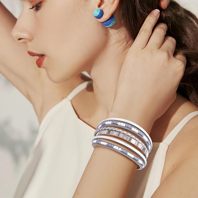 ENGCKSHI Wrapped Bracelets for Women,Leather Bracelet,Boho Bracelets for Women,Multi-Layer Pearl Crystal Bracelet Bangle Jewelry