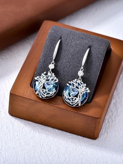TOUPOP Tree of Life Birthstone Earrings for Women 925 Sterling Silver Family Tree Dangle Earrings Austrian Crystal Jewelry Birthday Christmas Gifts for Her Girlfriend Wife Mom