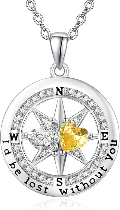 Compass Birthstones Necklace for Women, Exquisite Anniversary Birthday Gifts for Wife Her Double Birthstone Pendant jewelry ‘I'd be Lost Without You’