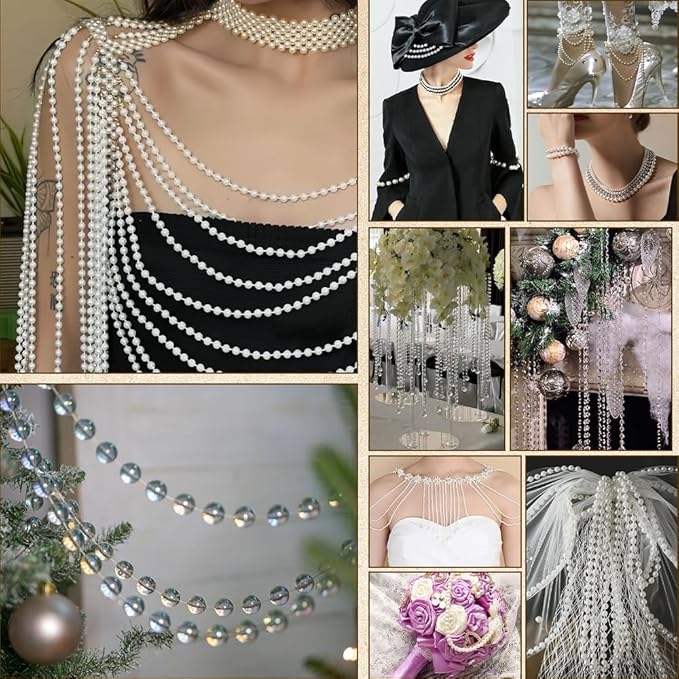 Pearl Beads Garland, 3mm String of Pearls, 164FT Pearl Garland for Christmas Tree, Christmas Faux Pearls Strand Roll for DIY Craft Xmas Wedding Party Supplies Flowers Decoration