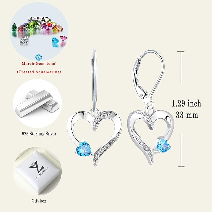 YL Heart Dangle Earrings 925 Sterling Silver Drop Earrings Birthstone Leverback Jewelry for Women