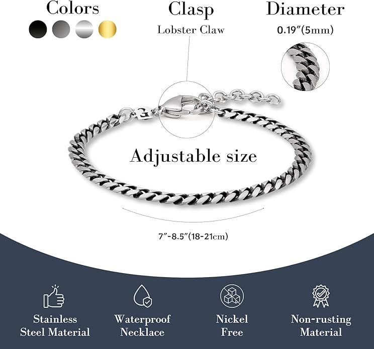 Galis Mens Bracelet - Cuban Link or Box Chain Layered Chain For Men - Premium Stainless Steel, Gift for him, Gold, Silver, Black Bracelet For Men 7-8" Size, 3-5mm Thick