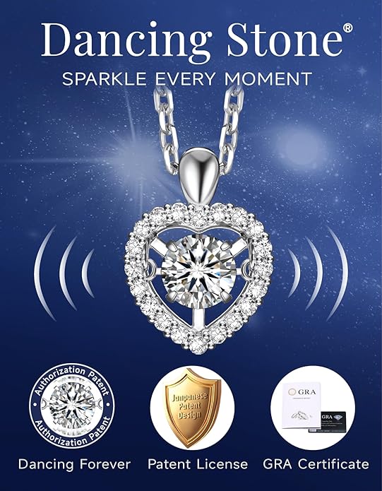 MomentWish Necklace for Women, Sparkling Gift for Her, 1Carat Moissanite Heart Pendent for Her, 925 Sterling Silver Dance Necklace for Anniversary Christmas Valentines
