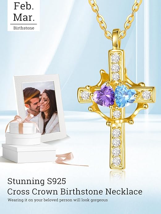 Zeuslia Double Birthstone Necklace Gifts for Wife - 925 Sterling Silver Sunflower/Rose/Crown Cross/Compass/Heart Pendant I Love You Necklace, Anniversary Birthday Gifts for Wife Girlfriend Mom Her