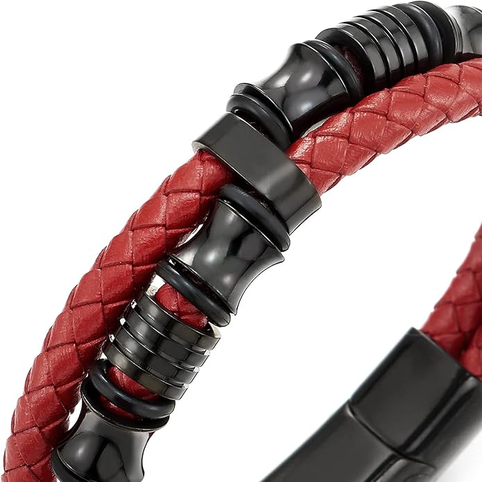 COOLSTEELANDBEYOND Mens Double-Row Braided Leather Bracelet Bangle Wristband with Stainless Steel Ornaments