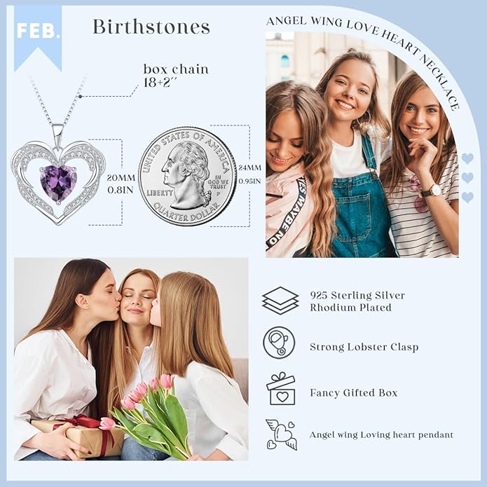 Heart Necklaces Valentine's Gift for Women, Birthstone 925 Sterling Silver Angel Wings Love Pendant Necklaces for Women, Jewelry Gifts for Wife, Anniversary, Mother's day