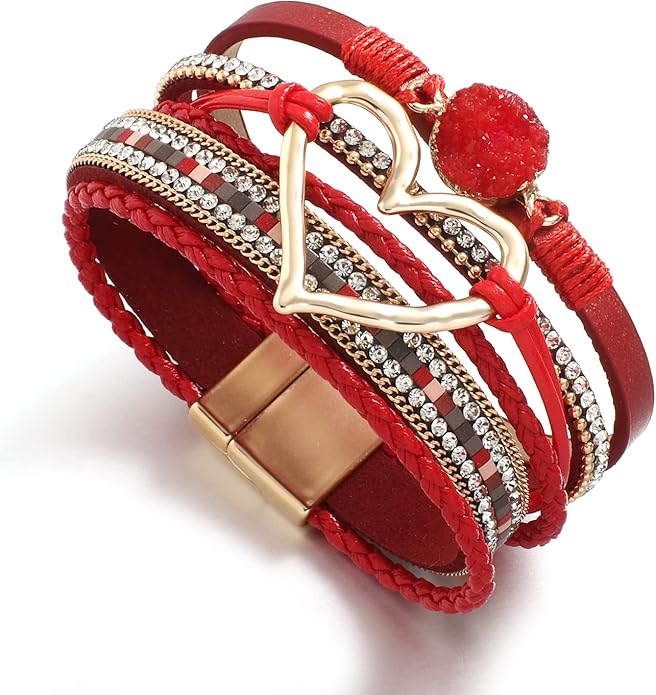 Leather Wrap Bracelet for Women Beaded Cuff Bracelet with Heart-shape Decor Bohemian Crystal Bracelet Jewelry with Clasp Bangle Bracelet for Women Girls Birthday Holiday Gift