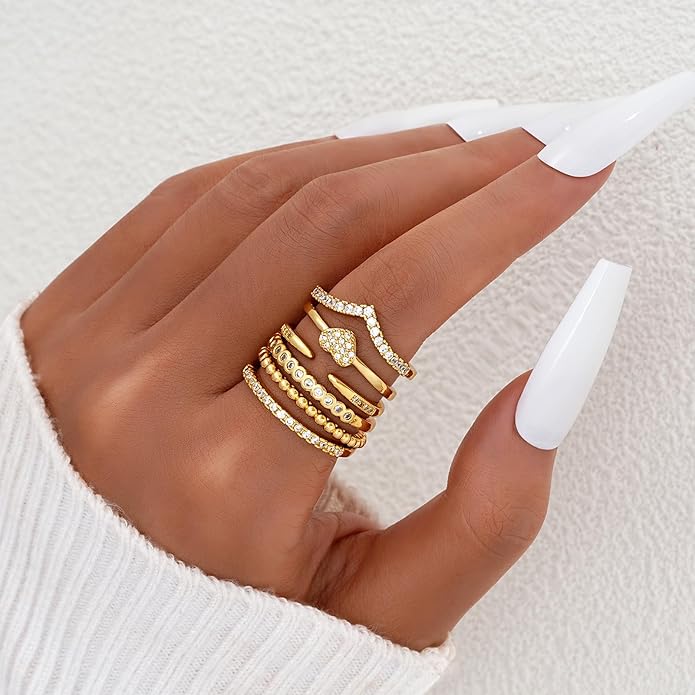 FAXHION Gold Rings for Women Non Tarnish, 14k Gold Plated Stacking Cubic Zirconia Thumb Ring Set, Dainty Gold Knuckle Women Rings Set Size 5 6 7 8 9 10