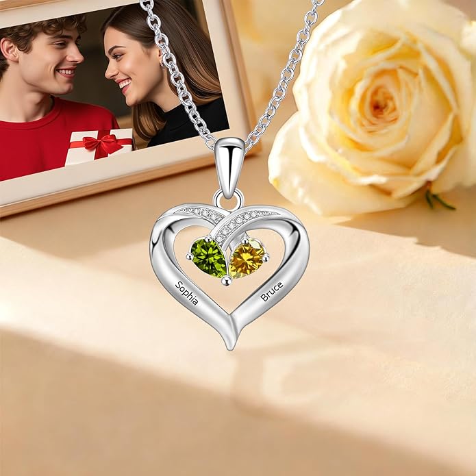 JOBFLY S925 Sterling Silver Customized 2 Birthstone Heart Necklace with 2 Name Engraved Personalized Mother Daughter Necklace Couple Jewelry Christmas Birthday Gift