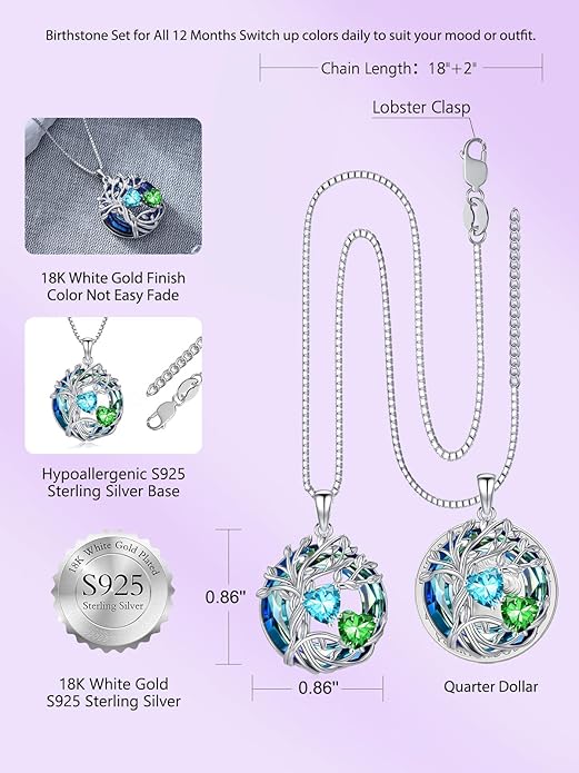 TOUPOP s925 Sterling Silver Family Celtic Tree of Life Pendant Necklaces with 2 Heart Birthstone with Blue Austrian Crystal Jewelry Birthday Anniversary Christmas Gifts for Her Wife Girlfriend Mom (18K Real White Gold Filled)