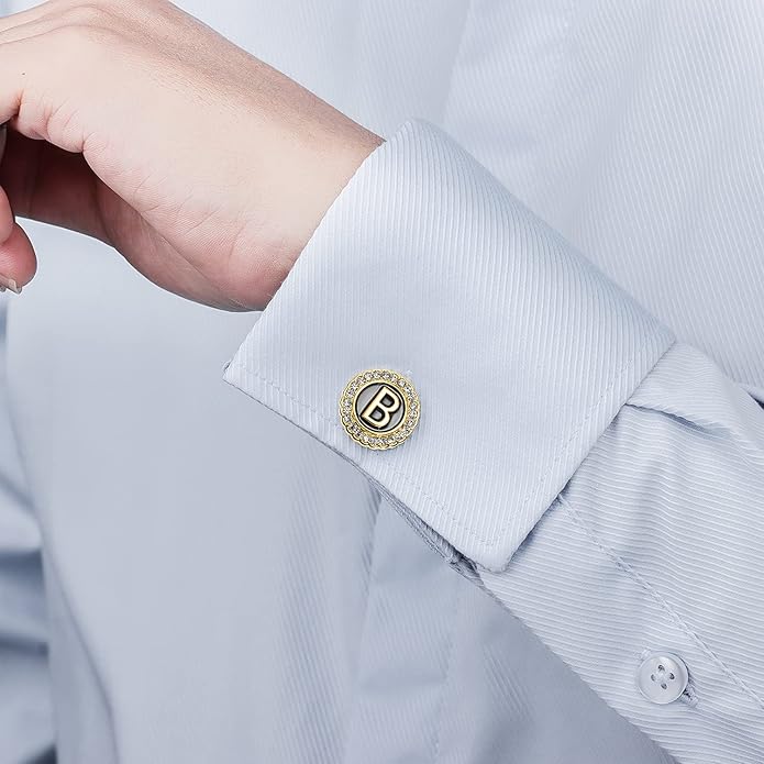 HAWSON A-Z Initial Cufflinks for Men and Women with Clear Crystal, Gold Silver Color Rasied Letter A-Z Cuff Links for French Shirt, Gift for Normal and Business Wearing