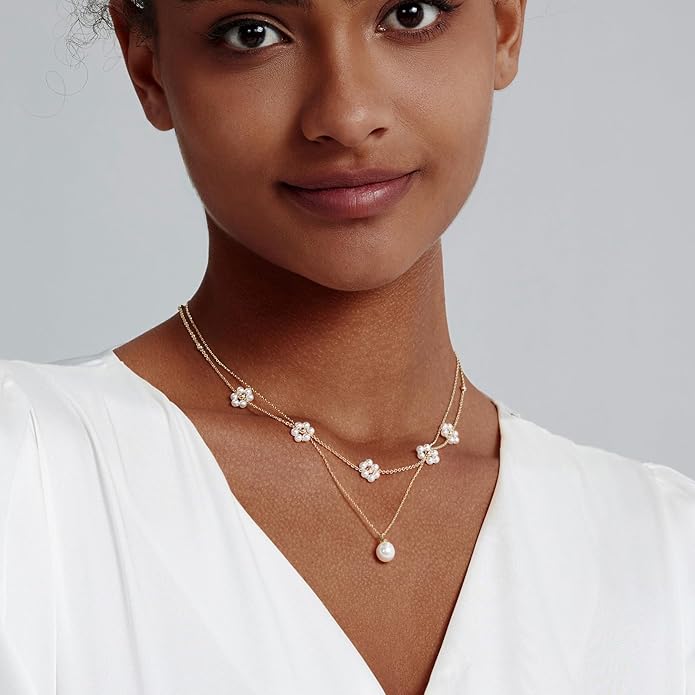 Gold Jewelry Set for Women - Dainty 14K Gold/Silver Plated Pearl Choker Necklace, Drop Earrings & Bracelets - Wedding Trendy Pearl Jewelry Gift