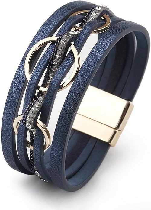 Fesciory Leopard Bracelet for Women, Boho Leather Wrap Multi-Layer Pearl Crystal Bracelet Bangle Jewelry